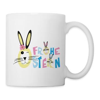 Frohe Ostern mit Glücklichen Osterhasen. - Tasse - Weiß - Rechts