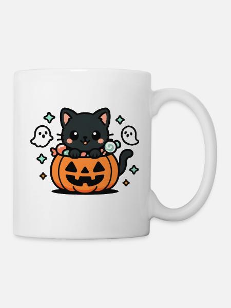 Kawaii Kätzchen im Halloween Kürbis - Tasse - Weiß