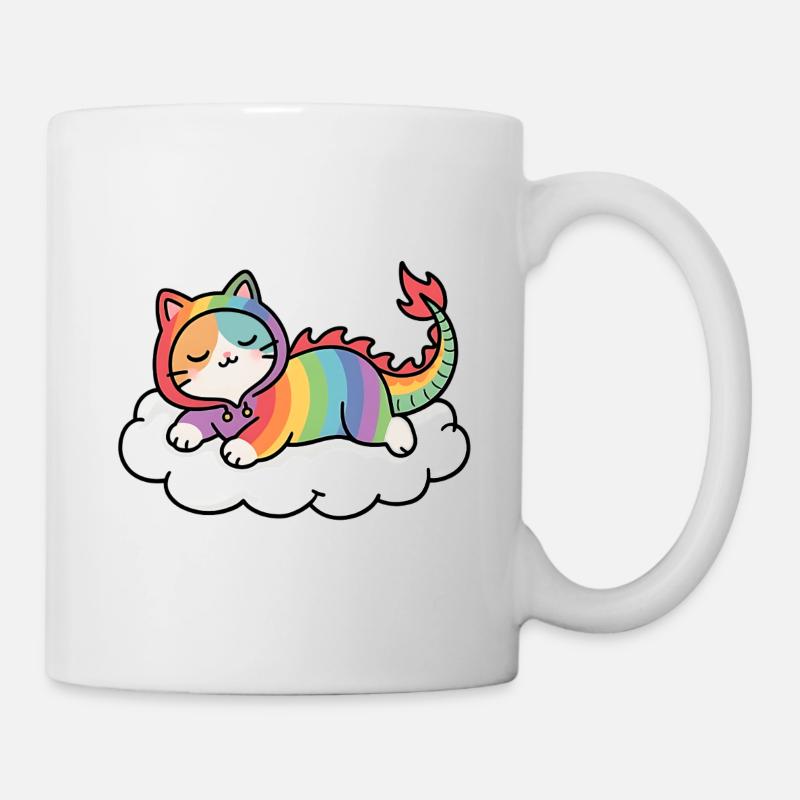 Entspannte Regenbogen-Drachenkatze auf Wolke - Tasse - Weiß