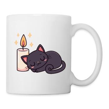 Schlafende schwarze Katze und helle Kerze - Tasse - Weiß - Rechts