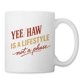 Lustiges Pronomen Yee Haw T-shirt Cowboy Humor - Tasse - Weiß - Rechts