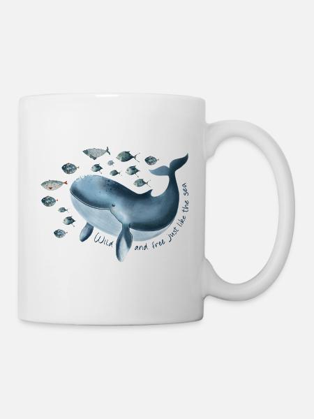 Freiheit für Hope- blauer Wal mit Fischschwarm - Tasse - Weiß