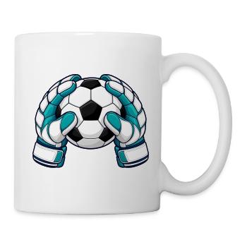 Torwarthandschuhe halten einen Fußball - Tasse - Weiß - Rechts