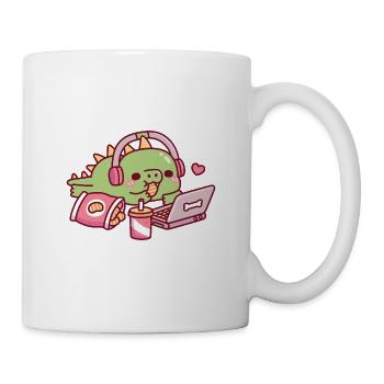 Süßer Dino entspannt mit Snacks und Laptop - Tasse - Weiß - Rechts