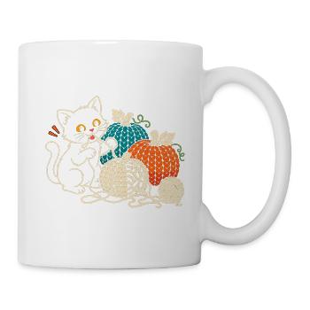 Süße schwarze Katze mit Garn Kürbisse Cozy Autumn - Tasse - Weiß - Rechts