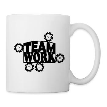 Teamwork Zahnräder Teamarbeit Schriftzug - Tasse - Weiß - Rechts