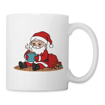 Niedlicher Kawaii-Weihnachtsmann sitzt und trinkt Kaffee - Tasse - Weiß - Rechts