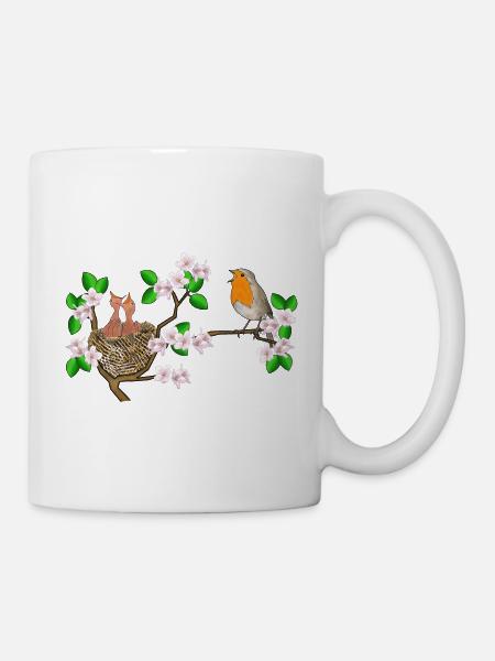 Rotkehlchen, Nest, Kirschblüten - Tasse - Weiß