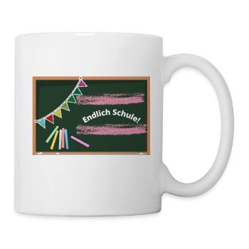 Einschulungs T-Shirt "Endlich Schule!" - Tasse - Weiß - Rechts