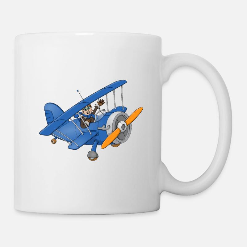 Un pilote joyeux dans un avion bleu. - Mug blanc - blanc