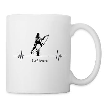 Woman with surfboard and heartbeat - Mug - white - Right