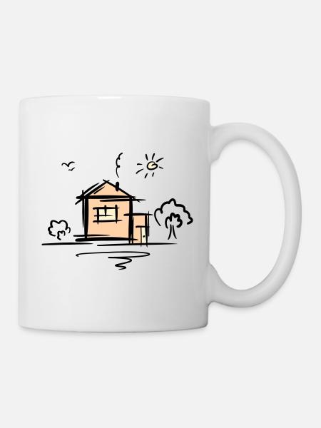 House with trees and sun. Drawing. Scribble. - Mug - white