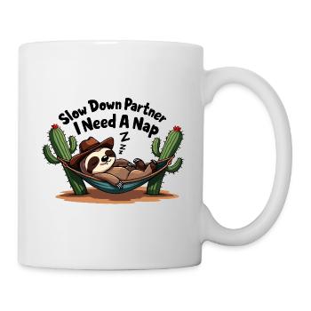 Snoring sloth with cowboy hat in hammock - Mug - white - Right