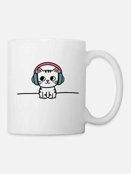Süße Katze mit Kopfhörern Doodle - Tasse - Weiß