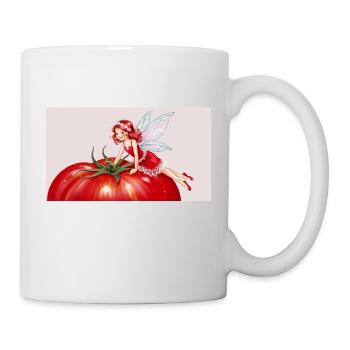 a red and white fairy sitting on a tomato - Mug - white - Right