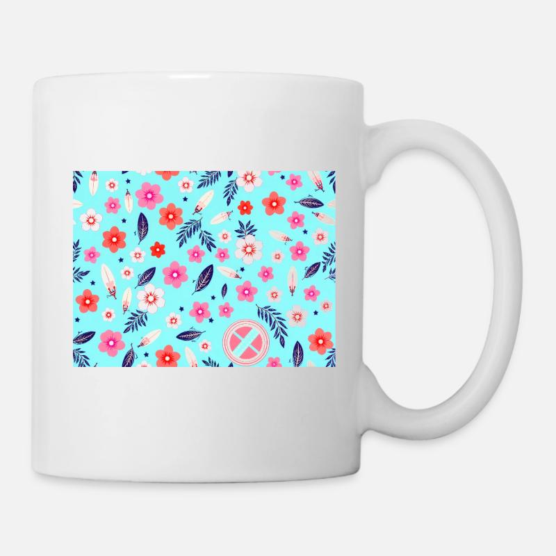 Blumenmuster mit Surfbrettern auf Himmelblau - Tasse - Weiß