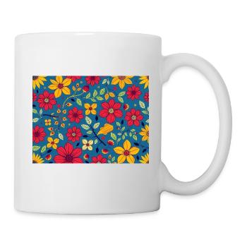 Blumiges Muster mit Rot und Gelb auf Blau - Tasse - Weiß - Rechts