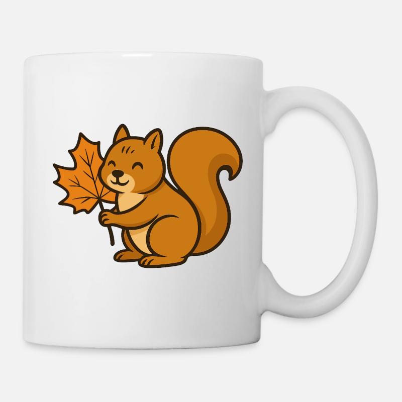 Cute Squirrel with Autumn Leaf Cartoon - Mug - white