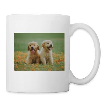 2 Labrador Retriever puppies in the flower field - Mug - white - Right