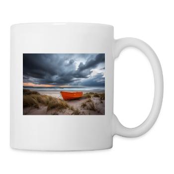 Orangefarbenes Boot auf der stürmischen Küste - Tasse - Weiß - Rechts