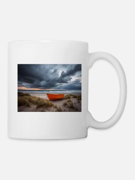 Orange Boat on Stormy Seaside - Mug - white