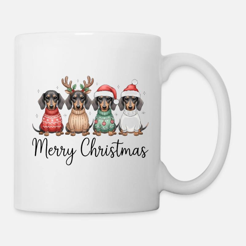 Vier Dackel, Dachshunde in Weihnachtspullover - Tasse - Weiß
