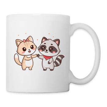 Kawaii-Freundschaft: Katze und Waschbär - Tasse - Weiß - Rechts