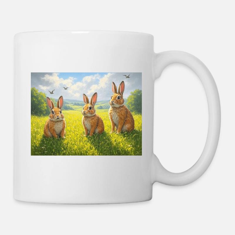 Trois lapins dans le champ de printemps - Mug blanc - blanc
