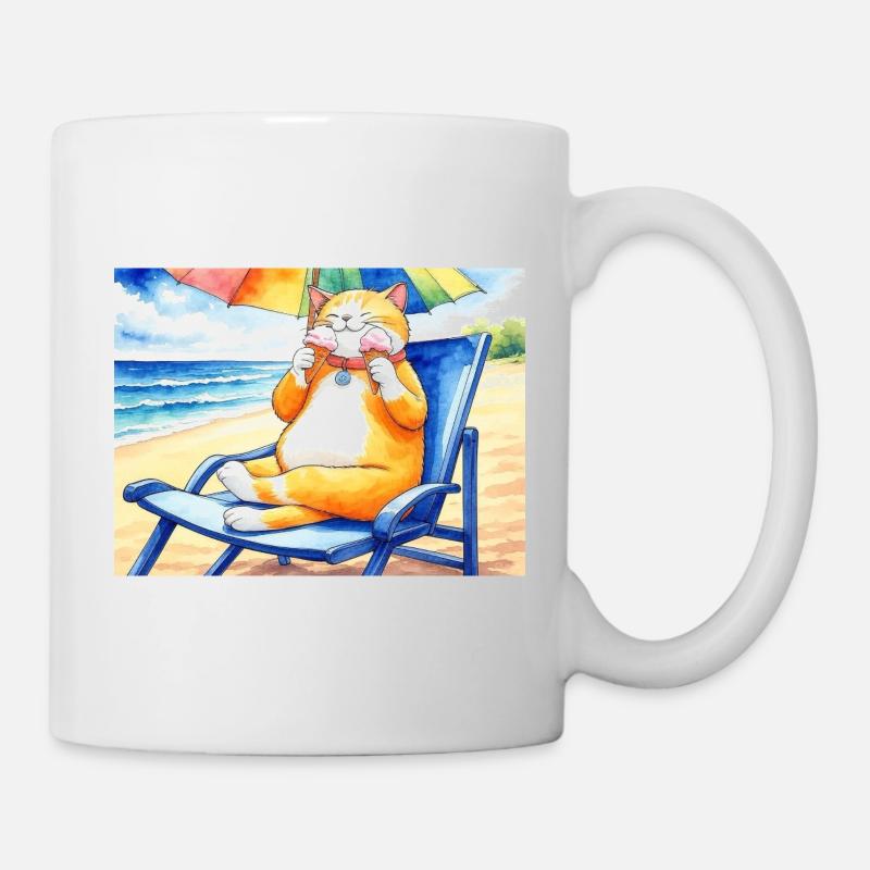 Katze am Strand mit Eiscreme - Mug - white