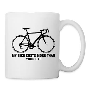 Mein Fahrrad kostet mehr, lustiges Rad-Shirt - Tasse - Weiß - Rechts