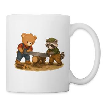 Bear and raccoon sawing wood, forestry work, animals - Mug - white - Right