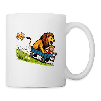 Promenade en lion sauvage dans une charrette bleue - Mug blanc - blanc - Droite