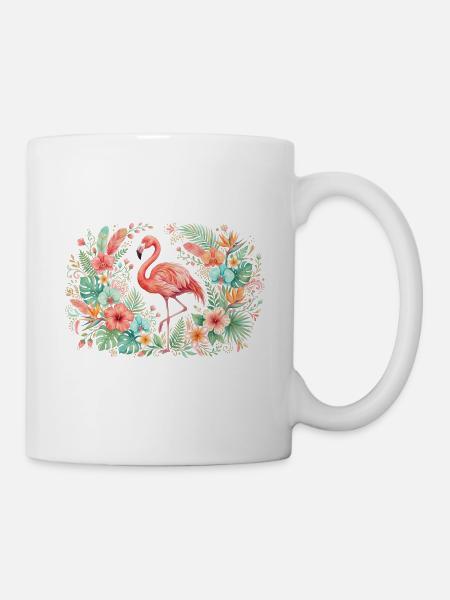 Flamingo im tropischen Blumenkranz - Tasse - Weiß