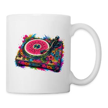 Bunter Plattenspieler mit Früchten und Blüten  - Tasse - Weiß - Rechts