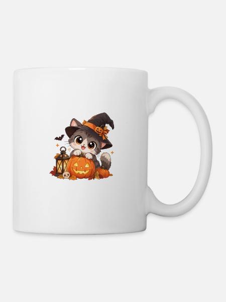 Süße Hexenkatze mit Kürbis - Tasse - Weiß