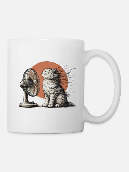 Katze vor dem Ventilator – Lustiges Sommermotiv - Tasse - Weiß