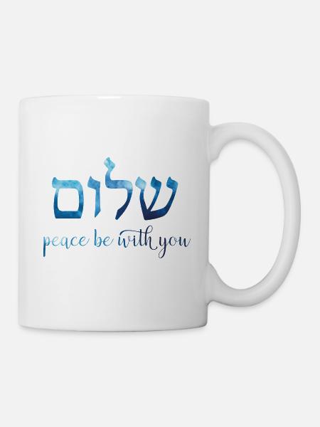 Blaues Aquarell Shalom – Peace be with you - Tasse - Weiß