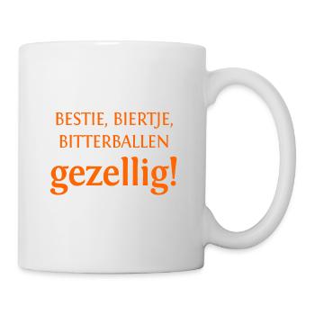 Bestie, biertje, Bitterballen - gezellig! oranje - Tasse - Weiß - Rechts