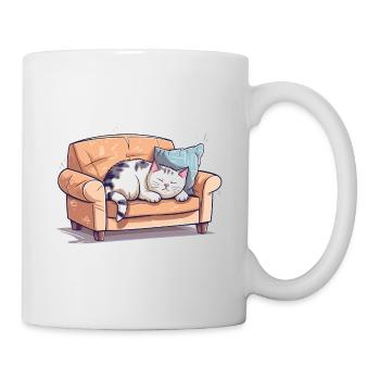 Cat Oversleeping Tired Couch Sofa Funny Cartoon - Mug - white - Right