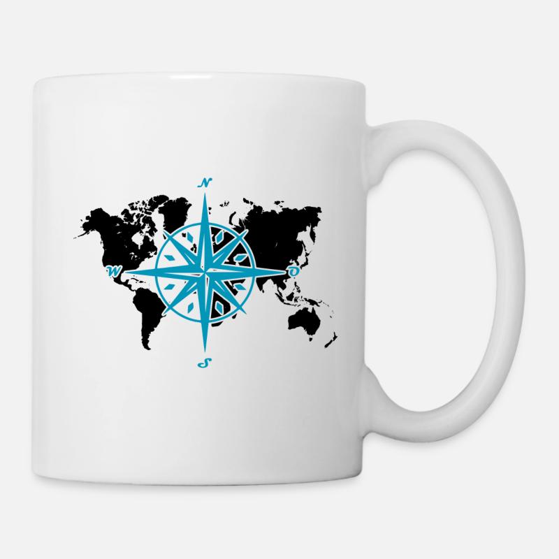 Windrose oder Kompassrose mit schwarzer Weltkarte - Tasse - Weiß