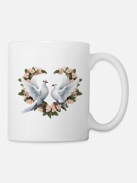 Herzblumenkranz mit Tauben - Tasse - Weiß