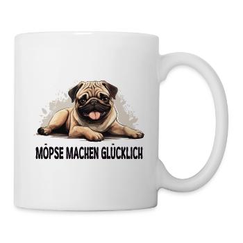 Möpse machen glücklich – Mops Fun Shirt - Tasse - Weiß - Rechts
