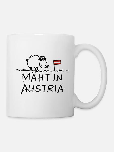 Mäht in Austria – Lustiger Österreich Schaf Spruch - Tasse - Weiß