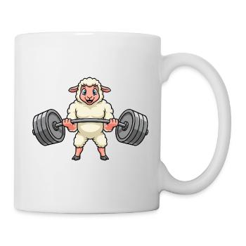 Dessin animé de battage de mouton fort avec haltères - Mug blanc - blanc - Droite
