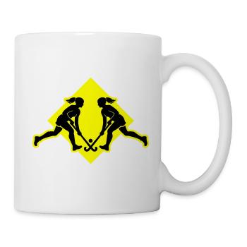 Zwei Feldhockey Spielerinnen Gelb Schwarz - Tasse - Weiß - Rechts