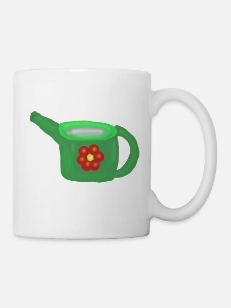 Grüne Gießkanne mit roter Blume - Tasse - Weiß