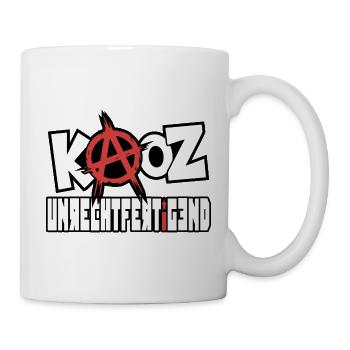 Anarchie-Symbol-artig über kantigem Schriftzug - Tasse - Weiß - Rechts