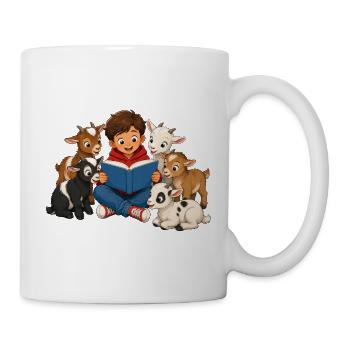 Junge liest kleinen Ziegen eine Geschichte vor - Tasse - Weiß - Rechts
