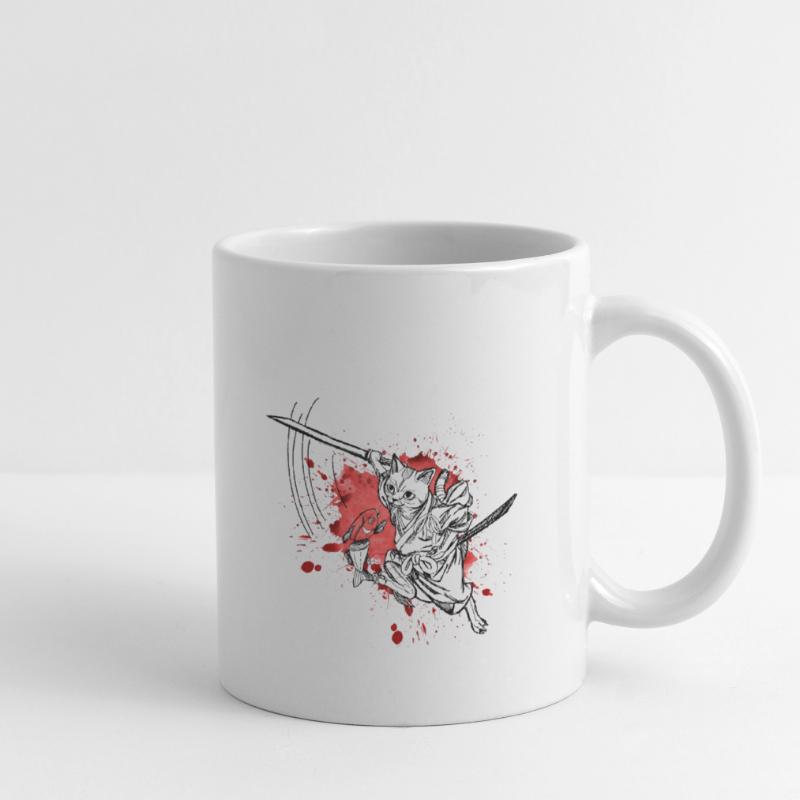 Chat samouraï mignon avec épée et poisson, éclaboussures Mug blanc