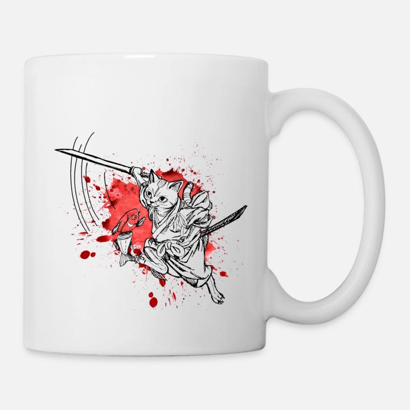 Süße Samurai Katze mit Schwert und Fisch, Splatter - Tasse - Weiß
